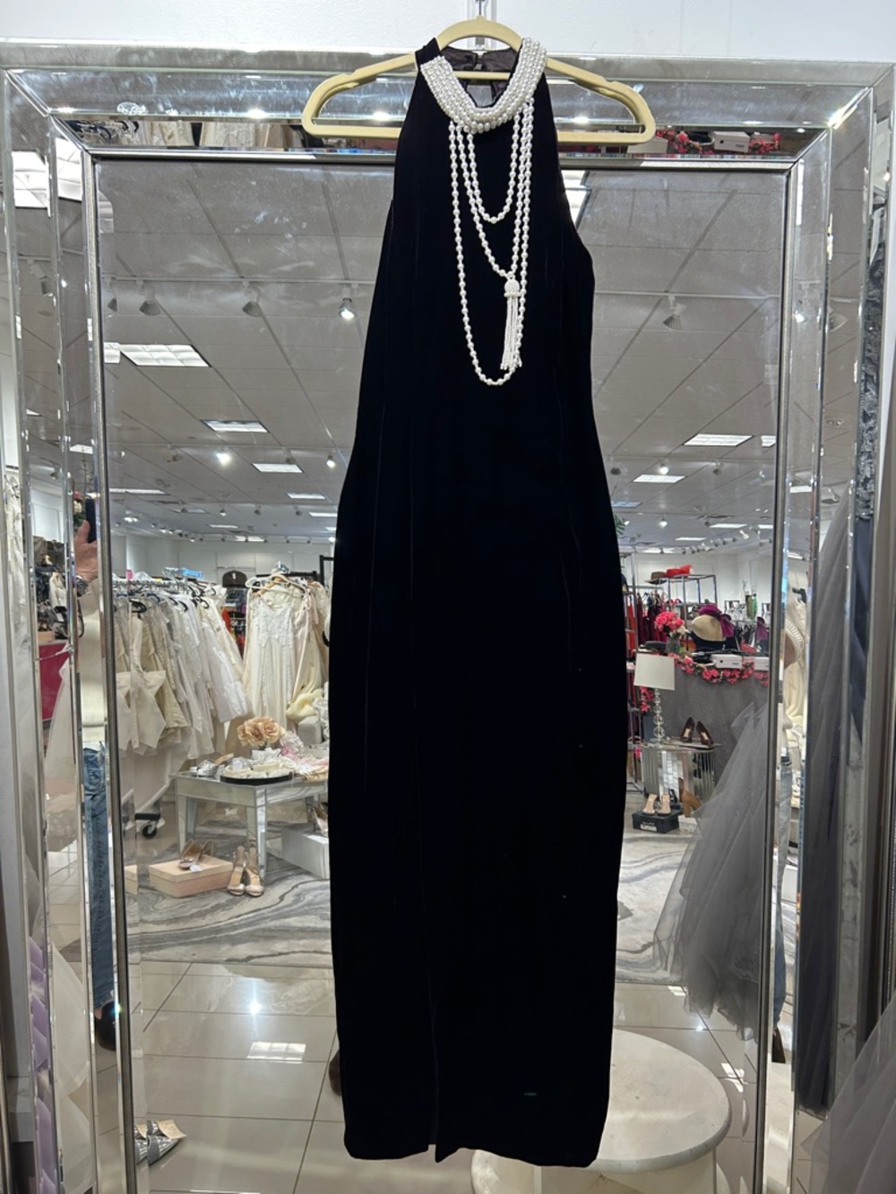 JESSICA McCLINTOCK Black Halter Velvet Evening Dress with Pearl Accent